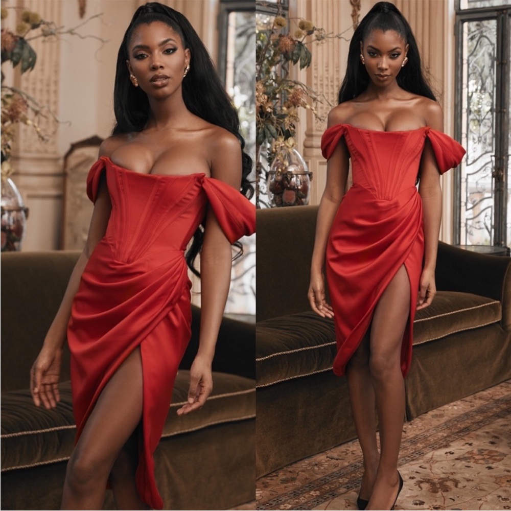 House of CB | LORETTA | RED SATIN OFF SHOULDER DRESS